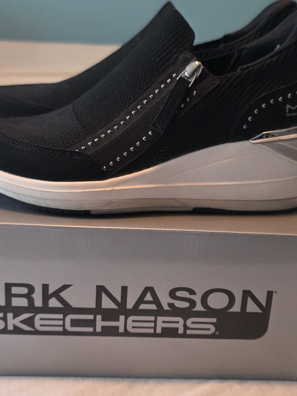 Skechers Mark Nason Black Silver Slip-On Women's Wedge Sneakers Worn 1x